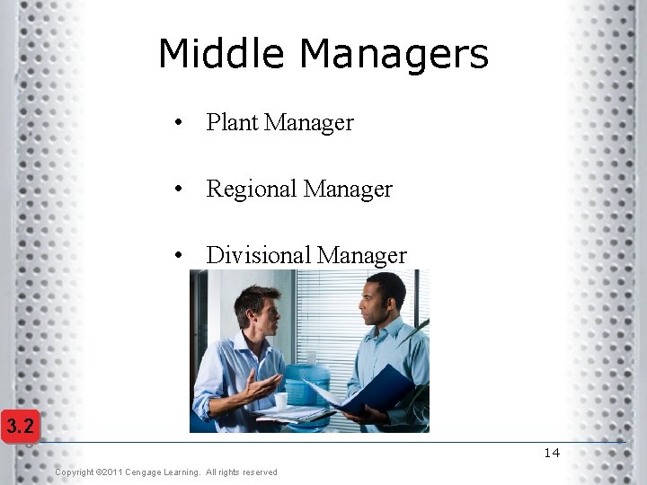 Middle Managers • Plant Manager • Regional Manager • Divisional Manager 3. 2 3