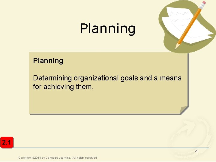 Planning Determining organizational goals and a means for achieving them. 2. 1 4 Copyright