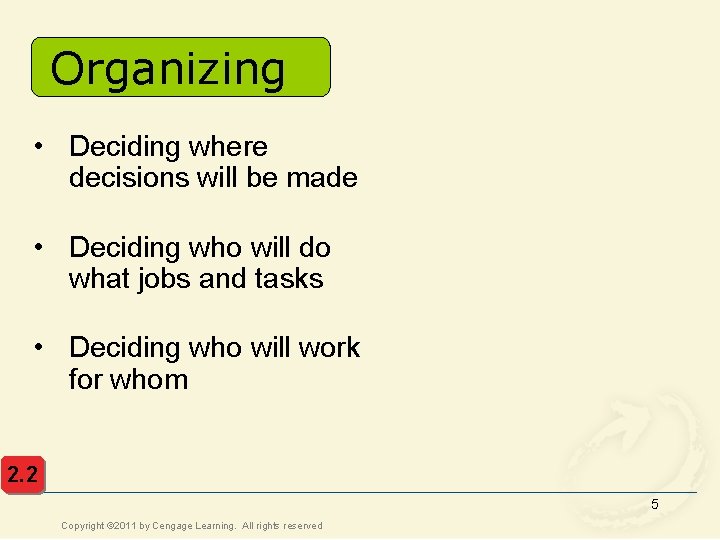 Organizing • Deciding where decisions will be made • Deciding who will do what