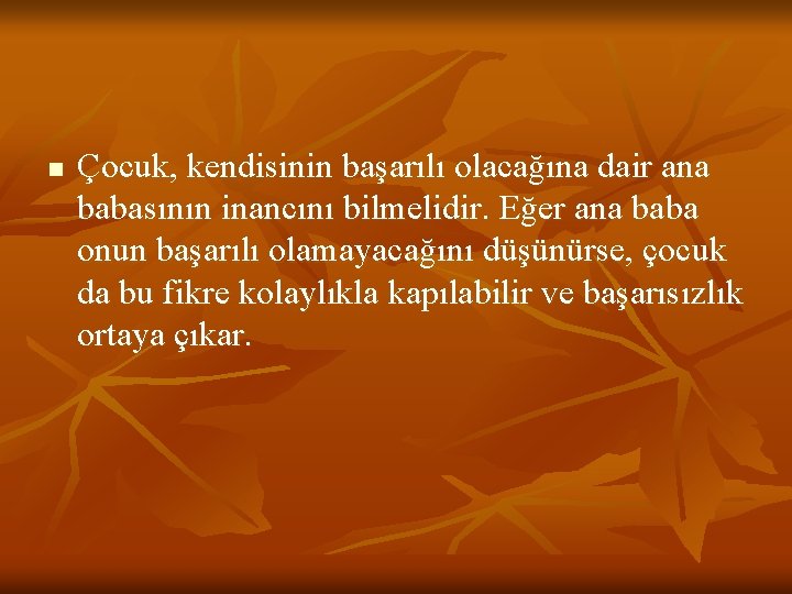 n Çocuk, kendisinin başarılı olacağına dair ana babasının inancını bilmelidir. Eğer ana baba onun