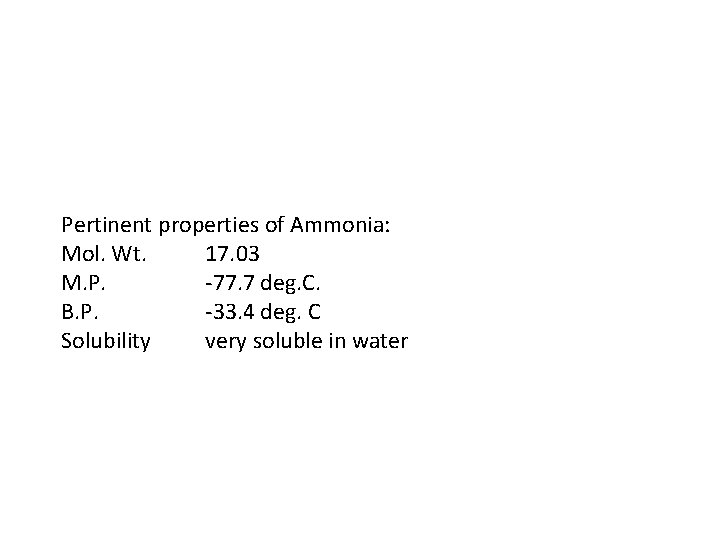 Pertinent properties of Ammonia: Mol. Wt. 17. 03 M. P. -77. 7 deg. C.