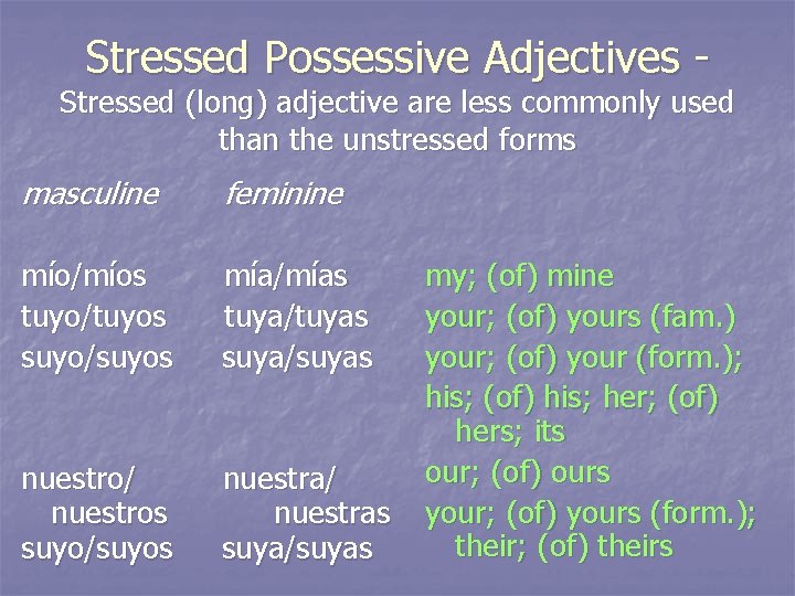 Stressed Possessive Adjectives - Stressed (long) adjective are less commonly used than the unstressed