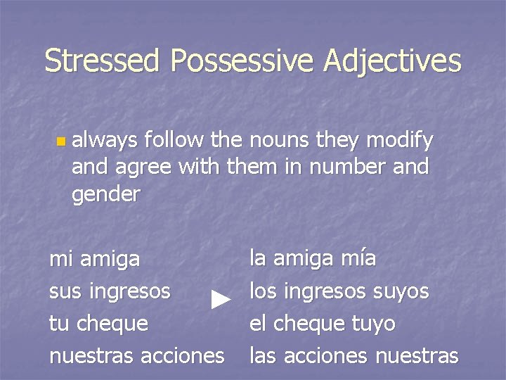 Stressed Possessive Adjectives n always follow the nouns they modify and agree with them