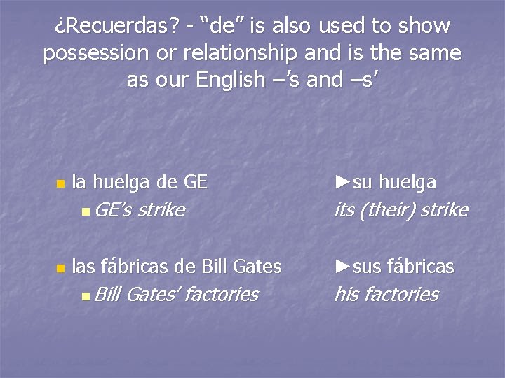 ¿Recuerdas? - “de” is also used to show possession or relationship and is the