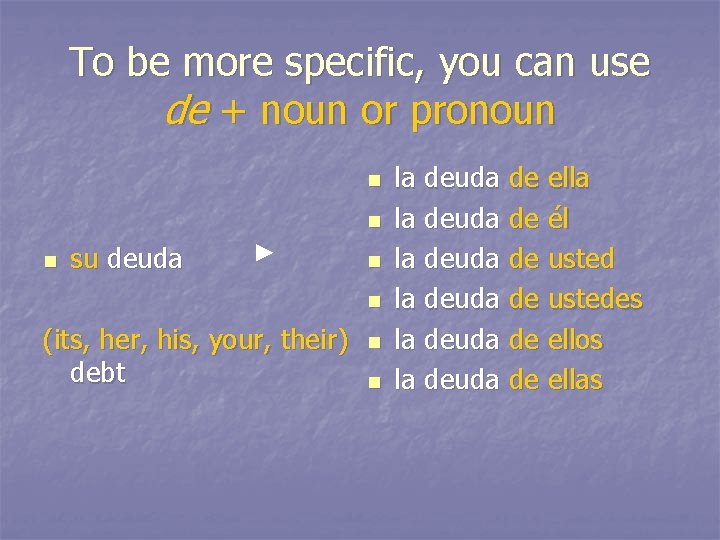 To be more specific, you can use de + noun or pronoun n su