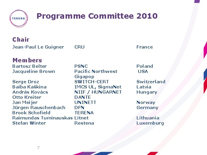 Programme Committee 2010 Chair Jean-Paul Le Guigner Members Bartosz Belter Jacqueline Brown CRU PSNC
