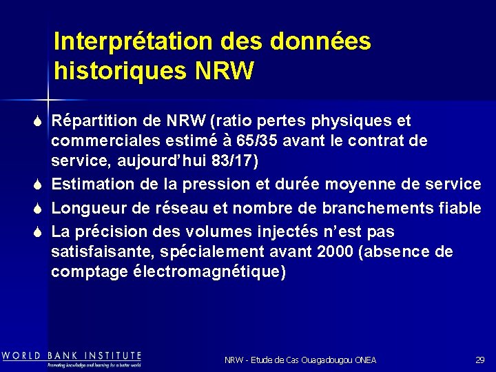 Interprétation des données historiques NRW S Répartition de NRW (ratio pertes physiques et commerciales