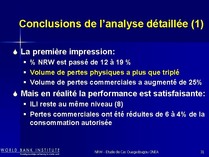 Conclusions de l’analyse détaillée (1) S La première impression: § % NRW est passé