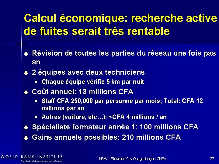 Calcul économique: recherche active de fuites serait très rentable S Révision de toutes les