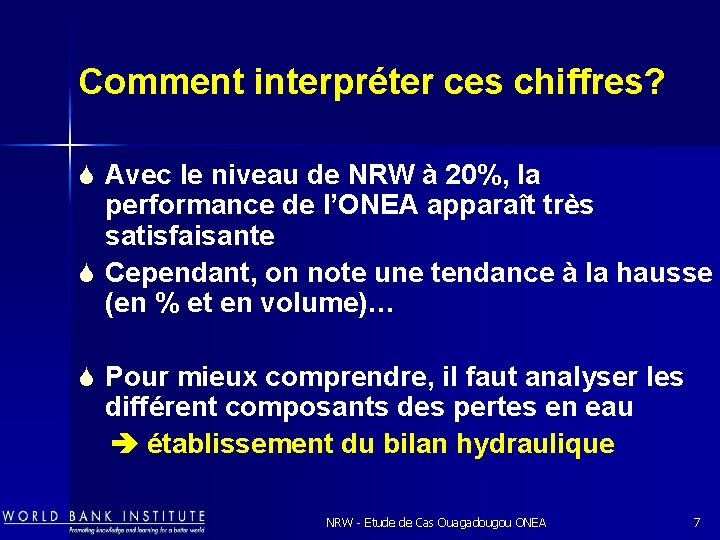 Comment interpréter ces chiffres? S Avec le niveau de NRW à 20%, la performance