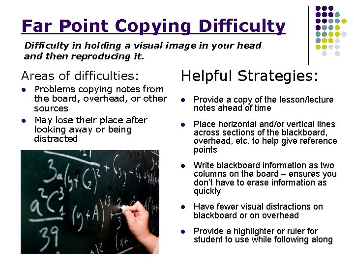 Far Point Copying Difficulty in holding a visual image in your head and then