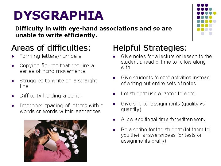 DYSGRAPHIA Difficulty in with eye-hand associations and so are unable to write efficiently. Areas