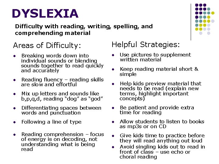 DYSLEXIA Difficulty with reading, writing, spelling, and comprehending material Areas of Difficulty: l Breaking