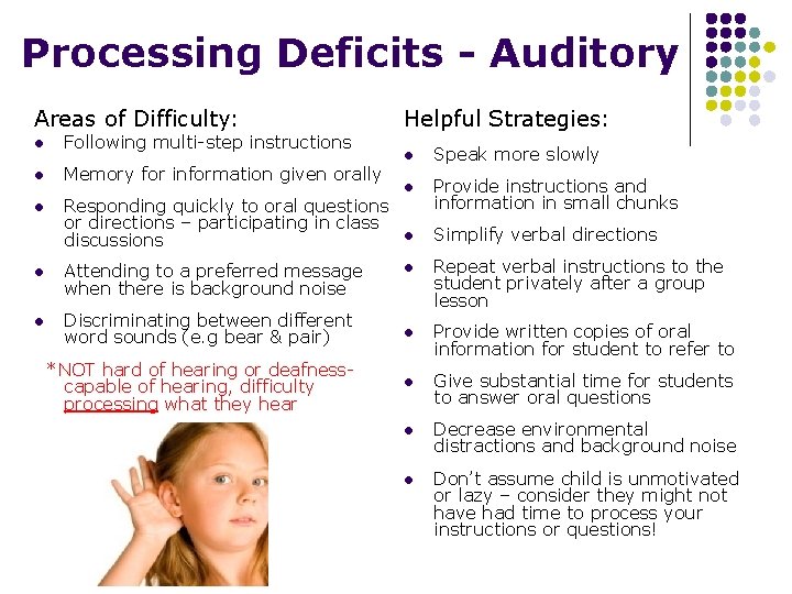 Processing Deficits - Auditory Areas of Difficulty: l Following multi-step instructions l Memory for