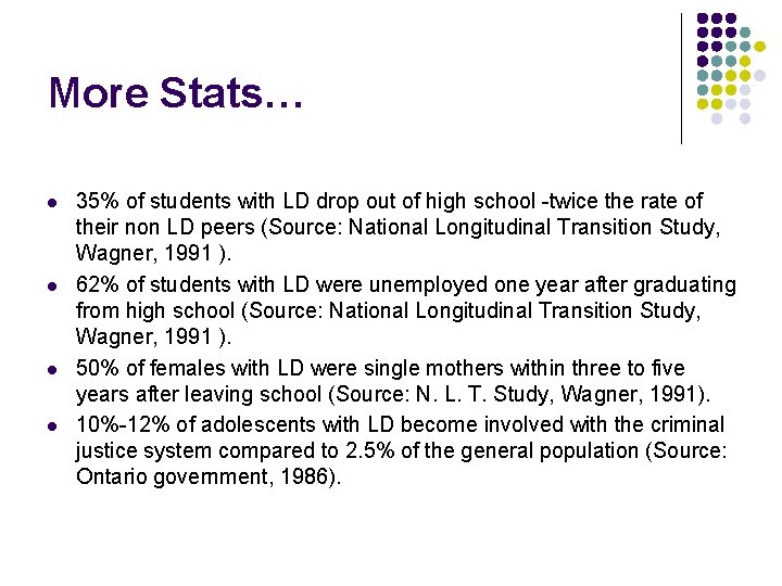 More Stats… l l 35% of students with LD drop out of high school