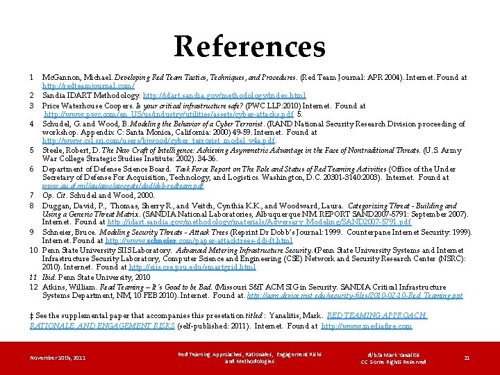 References 1 Mc. Gannon, Michael. Developing Red Team Tactics, Techniques, and Procedures. (Red Team