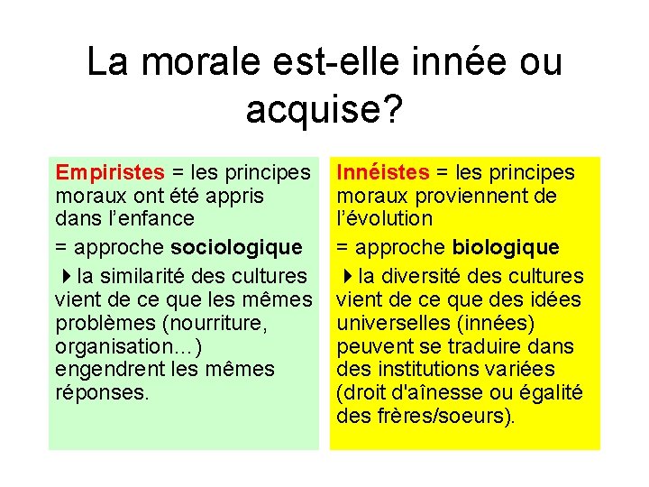 La morale est-elle innée ou acquise? Empiristes = les principes moraux ont été appris