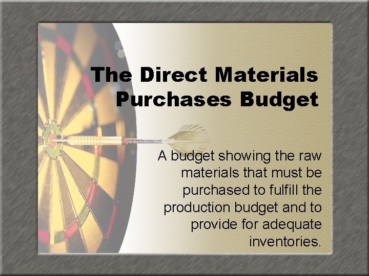 The Direct Materials Purchases Budget A budget showing the raw materials that must be