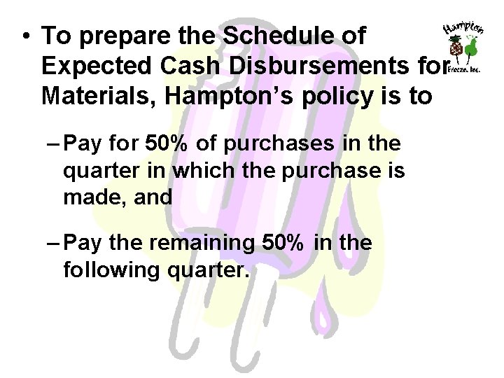  • To prepare the Schedule of Expected Cash Disbursements for Materials, Hampton’s policy