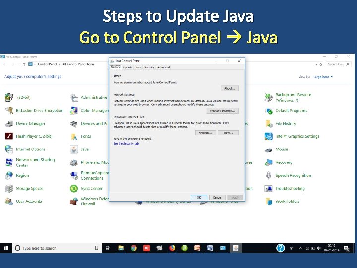 Steps to Update Java Go to Control Panel Java 