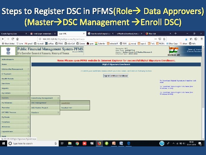 Steps to Register DSC in PFMS(Role Data Approvers) (Master DSC Management Enroll DSC) 