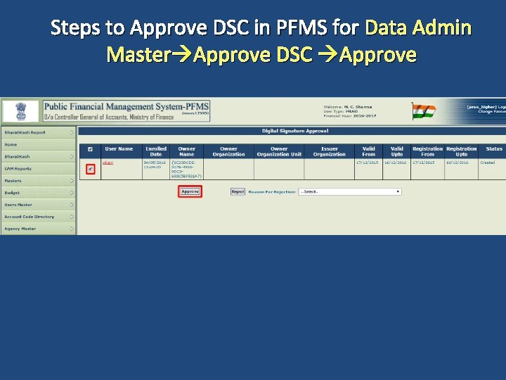 Steps to Approve DSC in PFMS for Data Admin Master Approve DSC Approve 