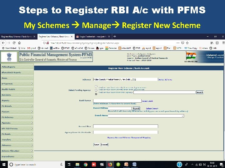 Steps to Register RBI A/c with PFMS My Schemes Manage Register New Scheme 