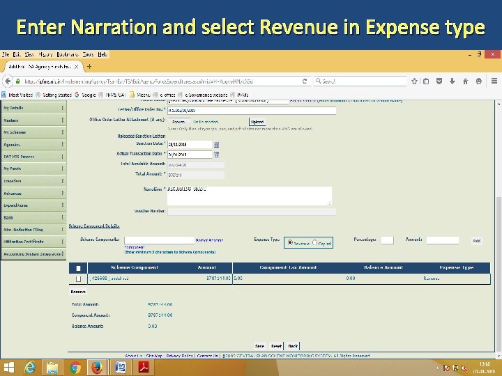 Enter Narration and select Revenue in Expense type 53 