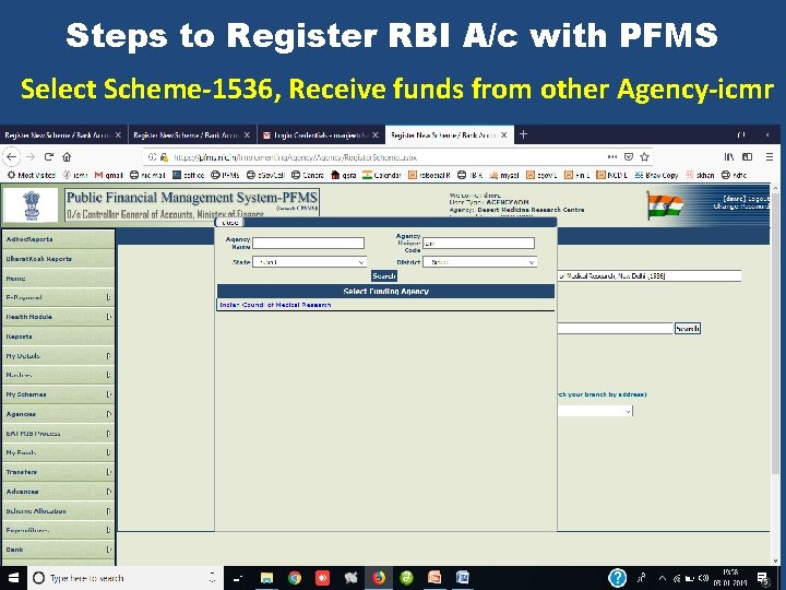 Steps to Register RBI A/c with PFMS Select Scheme-1536, Receive funds from other Agency-icmr