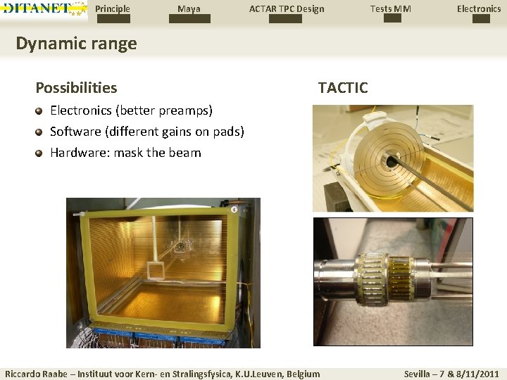 Principle Maya ACTAR TPC Design Tests MM Electronics Dynamic range Possibilities TACTIC Electronics (better