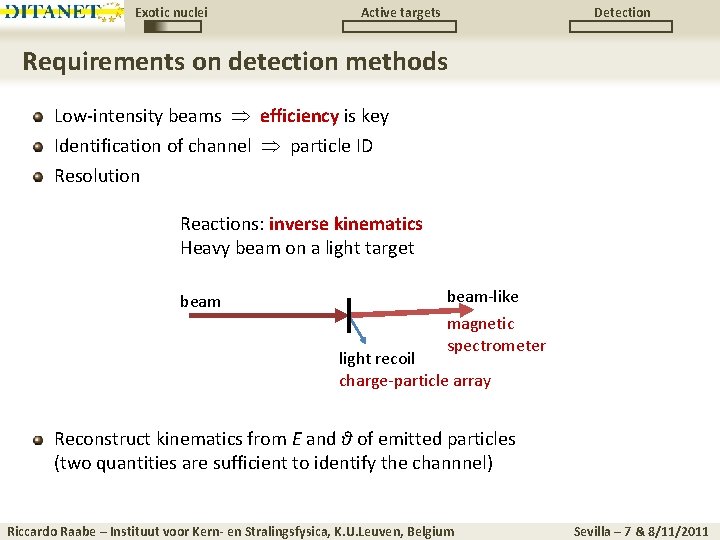 Exotic nuclei Active targets Detection Requirements on detection methods Low-intensity beams efficiency is key