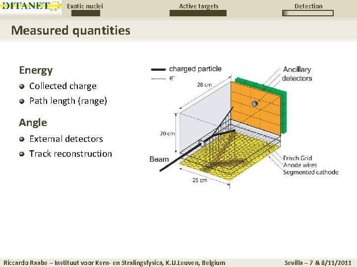 Exotic nuclei Active targets Detection Measured quantities Energy Collected charge Path length (range) Angle