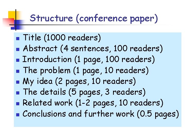 Structure (conference paper) n n n n Title (1000 readers) Abstract (4 sentences, 100