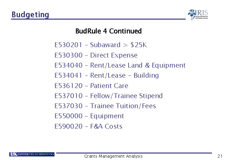 Budgeting Bud. Rule 4 Continued E 530201 – Subaward > $25 K E 530300