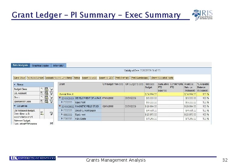 Grant Ledger – PI Summary - Exec Summary Grants Management Analysis 32 