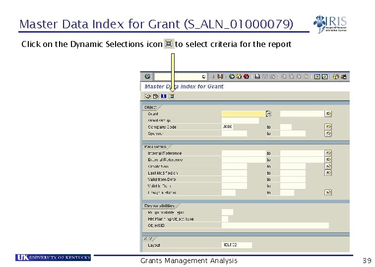 Master Data Index for Grant (S_ALN_01000079) Click on the Dynamic Selections icon to select