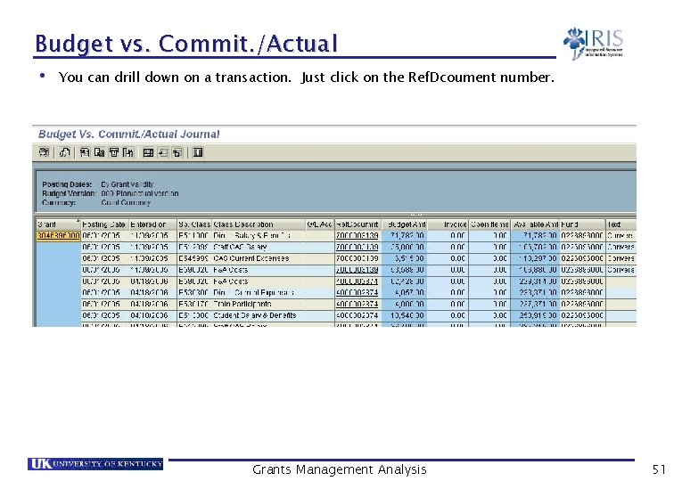 Budget vs. Commit. /Actual • You can drill down on a transaction. Just click