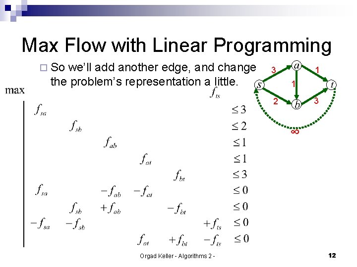 Max Flow with Linear Programming ¨ So we’ll add another edge, and change the