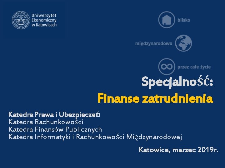 Specjalność: Finanse zatrudnienia Katedra Prawa i Ubezpieczeń Katedra Rachunkowości Katedra Finansów Publicznych Katedra Informatyki