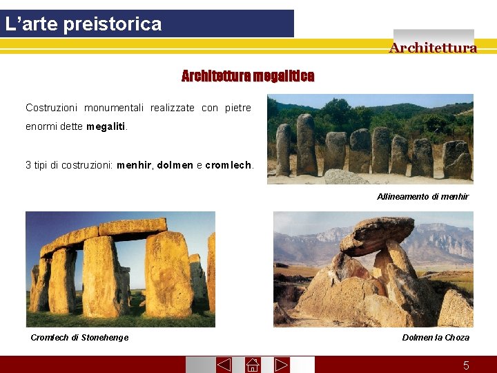 L’arte preistorica Architettura megalitica Costruzioni monumentali realizzate con pietre enormi dette megaliti. 3 tipi