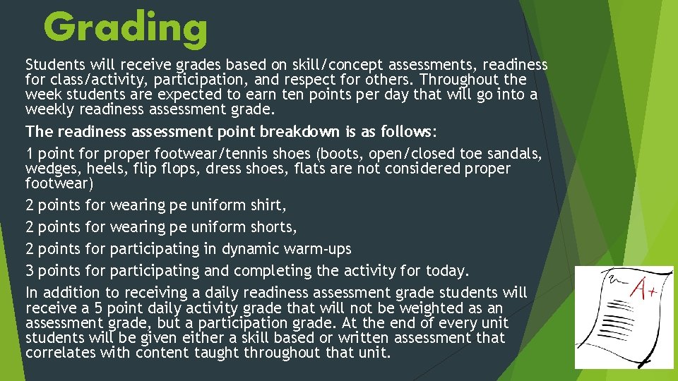 Grading Students will receive grades based on skill/concept assessments, readiness for class/activity, participation, and