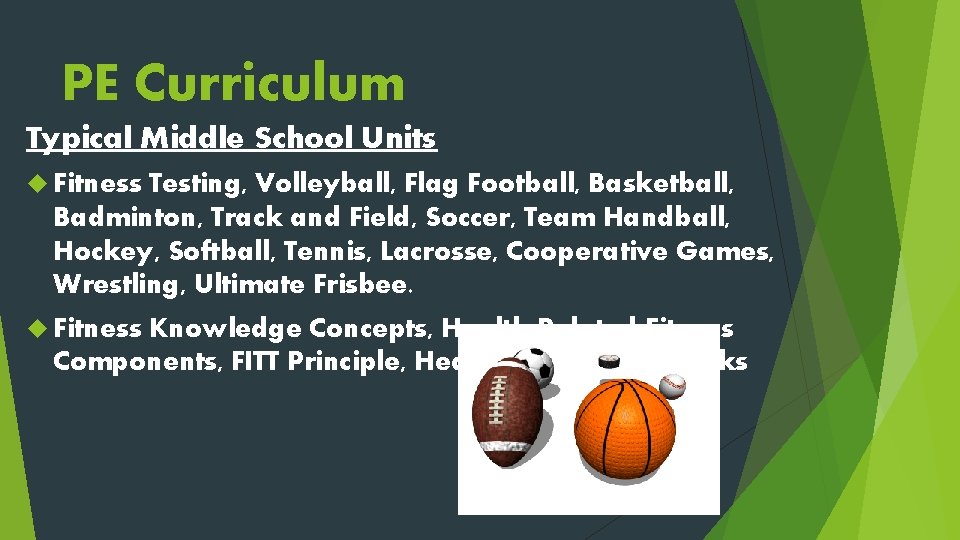 PE Curriculum Typical Middle School Units Fitness Testing, Volleyball, Flag Football, Basketball, Badminton, Track