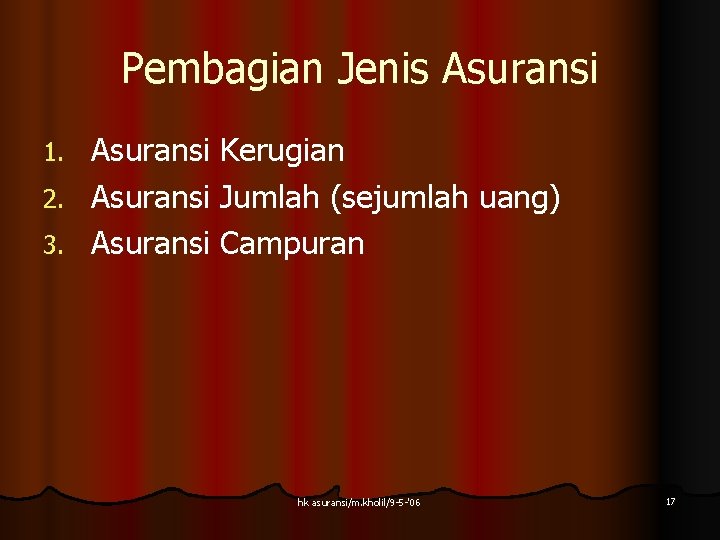 Pembagian Jenis Asuransi Kerugian 2. Asuransi Jumlah (sejumlah uang) 3. Asuransi Campuran 1. hk Pembagian Jenis Asuransi Kerugian 2. Asuransi Jumlah (sejumlah uang) 3. Asuransi Campuran 1. hk