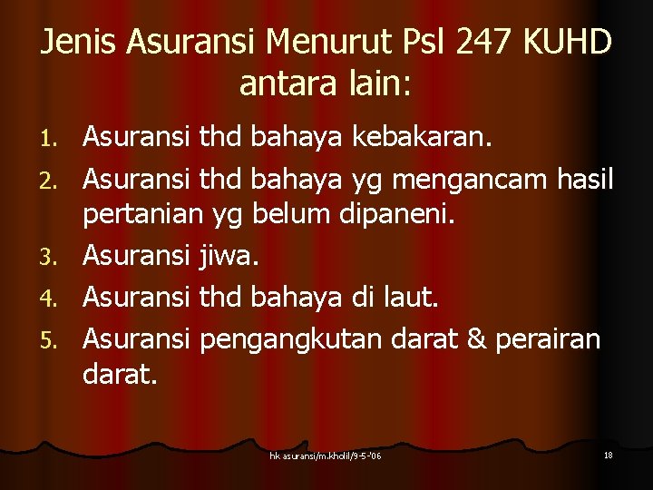 Jenis Asuransi Menurut Psl 247 KUHD antara lain: 1. 2. 3. 4. 5. Asuransi Jenis Asuransi Menurut Psl 247 KUHD antara lain: 1. 2. 3. 4. 5. Asuransi