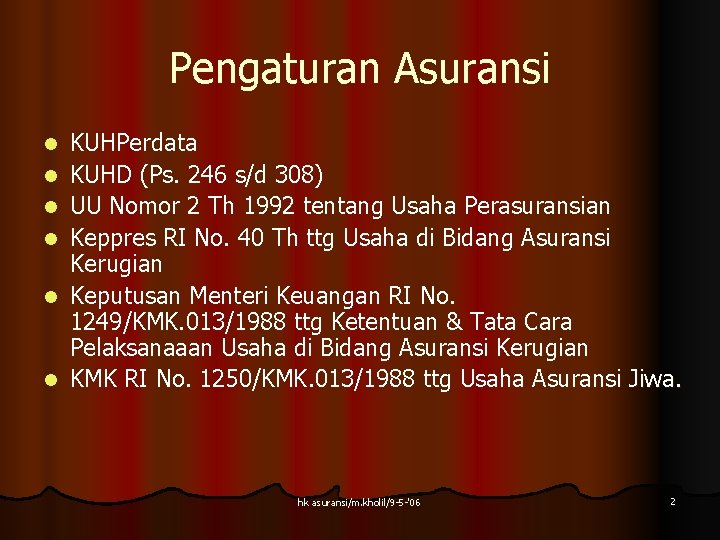Pengaturan Asuransi l l l KUHPerdata KUHD (Ps. 246 s/d 308) UU Nomor 2 Pengaturan Asuransi l l l KUHPerdata KUHD (Ps. 246 s/d 308) UU Nomor 2
