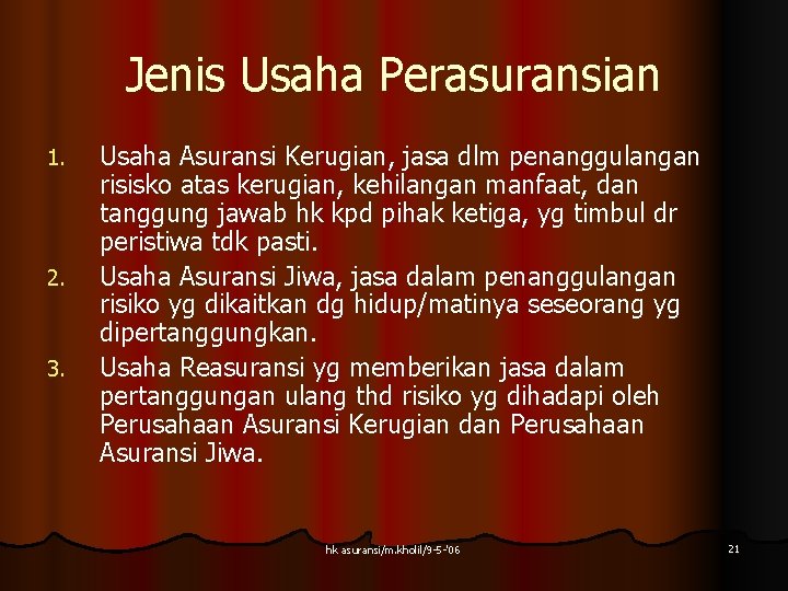 Jenis Usaha Perasuransian 1. 2. 3. Usaha Asuransi Kerugian, jasa dlm penanggulangan risisko atas Jenis Usaha Perasuransian 1. 2. 3. Usaha Asuransi Kerugian, jasa dlm penanggulangan risisko atas