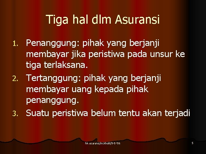 Tiga hal dlm Asuransi Penanggung: pihak yang berjanji membayar jika peristiwa pada unsur ke Tiga hal dlm Asuransi Penanggung: pihak yang berjanji membayar jika peristiwa pada unsur ke