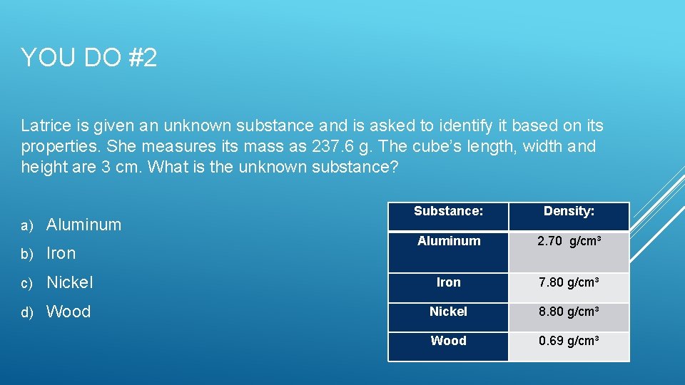YOU DO #2 Latrice is given an unknown substance and is asked to identify