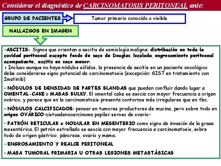 Considerar el diagnóstico de CARCINOMATOSIS PERITONEAL ante: GRUPO DE PACIENTES Tumor primario conocido o Considerar el diagnóstico de CARCINOMATOSIS PERITONEAL ante: GRUPO DE PACIENTES Tumor primario conocido o