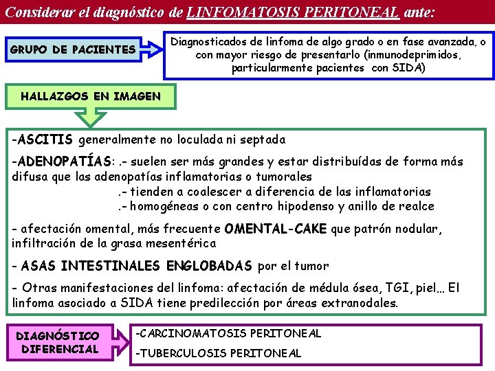 Considerar el diagnóstico de LINFOMATOSIS PERITONEAL ante: GRUPO DE PACIENTES Diagnosticados de linfoma de Considerar el diagnóstico de LINFOMATOSIS PERITONEAL ante: GRUPO DE PACIENTES Diagnosticados de linfoma de